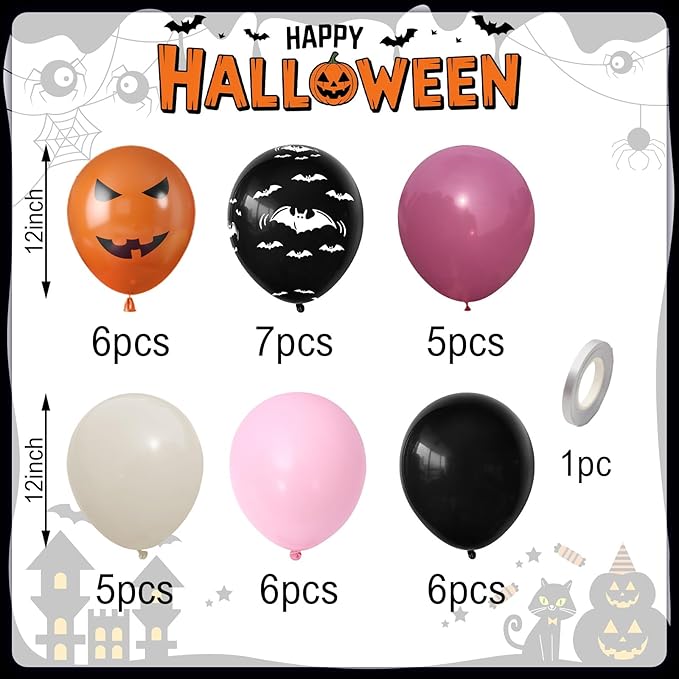 Halloween Party Balloons, Black Hot Pink Orange Balloons, Retro Peach Red Pastel Pink Balloon Black Bat Orange Pumpkin Printed Balloon for Halloween Birthday Baby Shower Home Garden Party Decoration