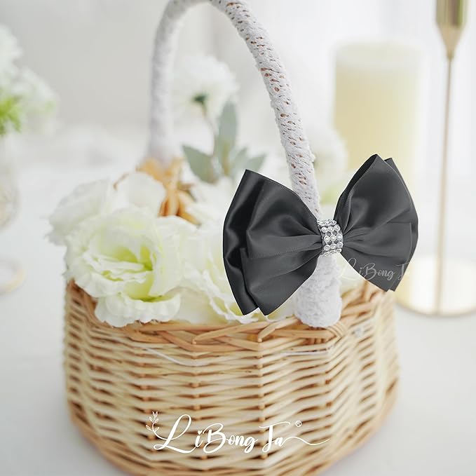 Black Satin Bows 4'' Premade Black Ribbon Bows, Gift Bows with Rhinestone, Wrapping Bows for Presents, Greeting Cards, Treat Bags, Wine Bottles, Valentines Bows for Gift Wrapping-12 Counts