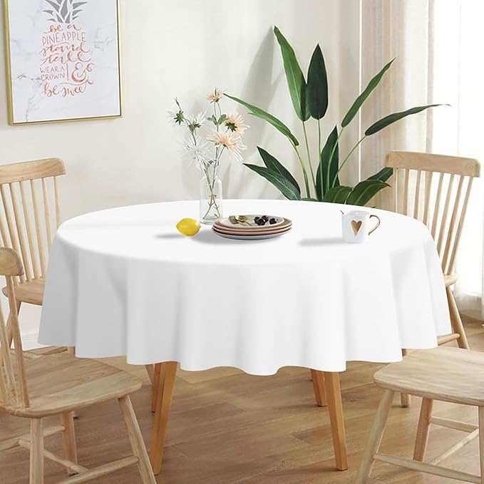 QIKSION White Round Tablecloth 2 Pack, 84 Inch Plastic Table Cover Disposable for Parties