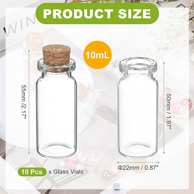 uxcell 10Pcs Mini Glass Bottles with Cork Stoppers, 10ml Small Clear Bottles Glass Empty Jars Vials for DIY Crafts Party Wedding Decor Favors
