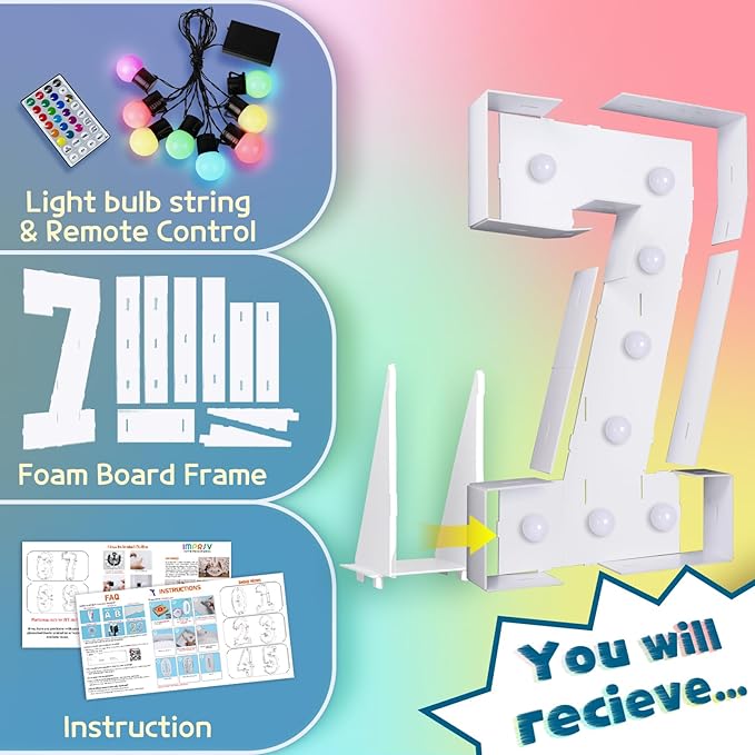 imprsv 3FT Colorful Marquee Numbers,18 Colors Number 7 with Remote, Light Up Numbers Sign for 70th Birthday Decorations Anniversary Party Decor, Pre-Cut Foam Board Kit, Mosaic Sign for Balloon