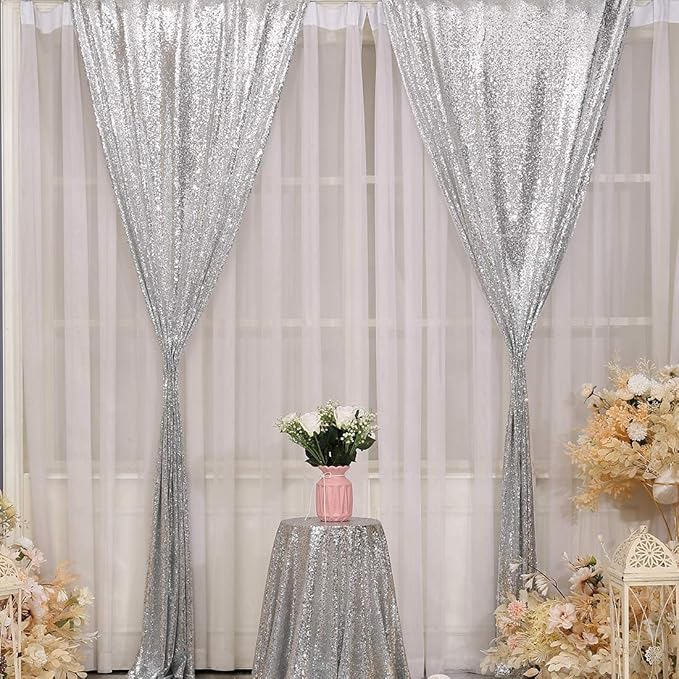 Poise3EHome Silver Sequin Backdrop Curtain, 4 PCS 3FT x 8FT Sequin Panels for Backdrop,Sequence Wedding Party Background Drapes