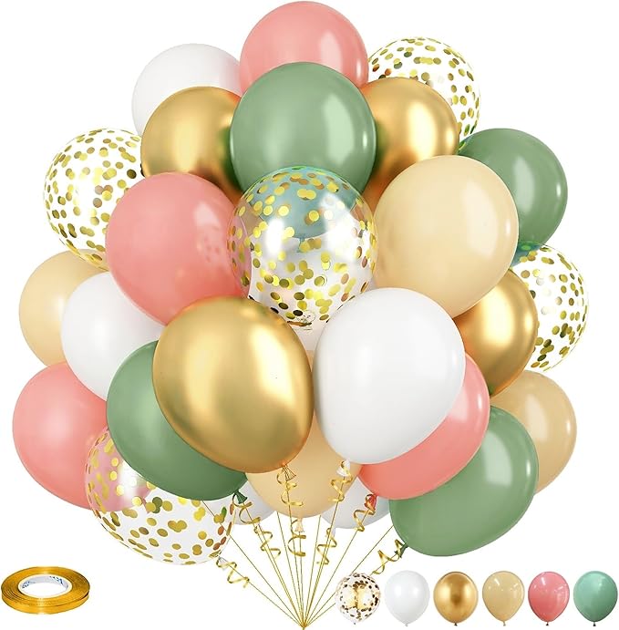 Sage Green and Dusty Pink Balloons, Retro Pink and Green White Gold Confetti Baby in Bloom Balloons for Girls Women Fairy Floral Wildflower Birthday Woodland Baby Shower Garden Tea Party Decorations