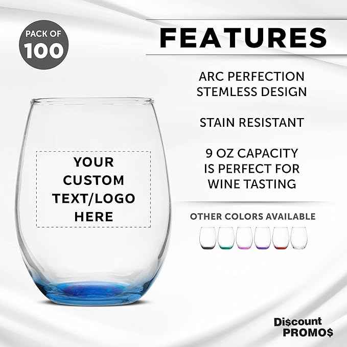 Custom Stemless Wine Glass 9 oz. Set of 100, Personalized Bulk Pack - Great for Wedding Favors, Bachelorette Party Decorations, Party Favors, Color Bottom - Blue