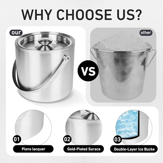 DREAMYO 3L Double Wall Insulated Stainless Steel Ice Bucket with scoop for Cocktail Bar,Metal Ice Bucket for freezer with Lid for parties.ice Container,bar cart accessories(Silver)