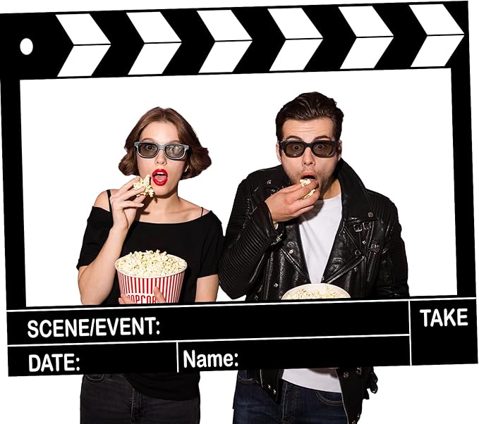 Large Wooden Movie Night Party Decorations, Movie Night Photo Booth Props, 25.59 x 15.75 Inch Photo Frame Film Theme Clapper Wooden Board for Birthday Party Supplies