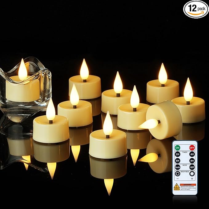 Amagic Flameless Timer Remote Tealights Candles, 3D Black Wick Flickering Tea Lights, 400+Hour Ivory Votive Candles Battery Operated, Set of 12 for Wedding Table Decor, Halloween, Christmas, Holiday