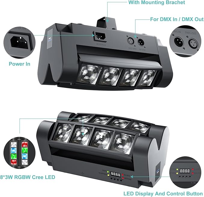 BETOPPER Moving Head DJ Lights,Stage Lights for Parties, RGBW 8x3W LED Spider Lights, Sound Activated & DMX-512 for Party, Pub, Wedding Event, Club, Carnival Festival, Disco Stage Lighting(2 Packs)