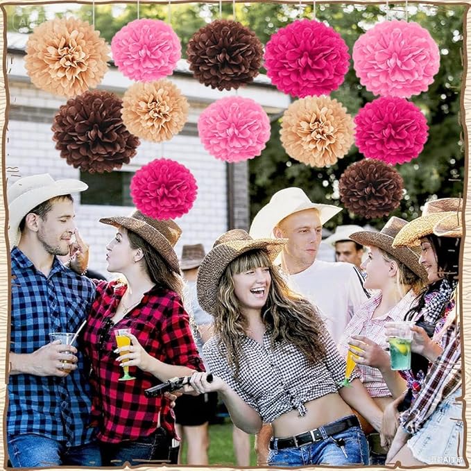 Capesaro Pink and Brown 12PCS Paper Pom Poms Party Decorations for Western Cowgirl Birthday Retro Rodeo Party, Hanging Tissue Paper Flowers for Engagement,Wedding,Baby Shower