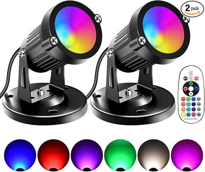 Spot Lights Indoor, 5W RGBW Uplighting 16 Color Changing Up Lights Indoor with Remote Control, Plant Spotlight Decorative (2 Pack with Base and Stake)