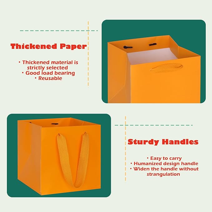 ADIDO EVA Orange Square Gift Bags Mini Size Square Bottom Paper Bags with Handles for Party Favor, Shopping Bag (4x4x4 In, 10 CT)