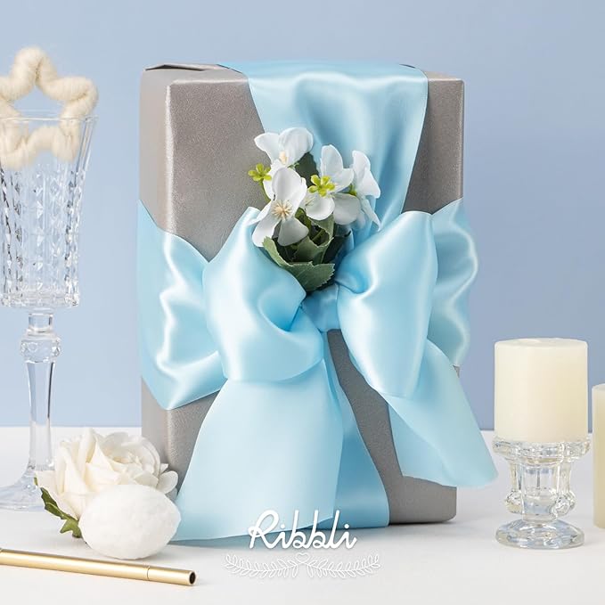 Ribbli Light Blue Satin Ribbon 4 Inch Wide Baby Blue Ribbon for Wedding Chair Sash Grand Opening Ceremony Big Bows Gift Wrapping Floral Crafts Cake Decor-Double Faced Satin Continuous 10 Yards