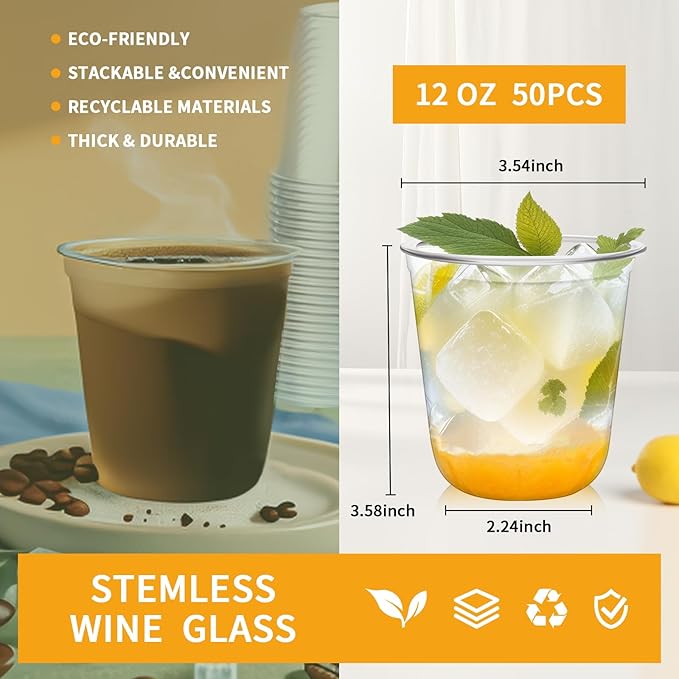 Disposable Stemless Glasses 12oz Crystal Plastic Cups Disposable Cold Party Drinking Cups Wine Glasses for Meeting Weddings Birthdays Cocktail Christmas Party Supplies (Clear, 50 Pcs)