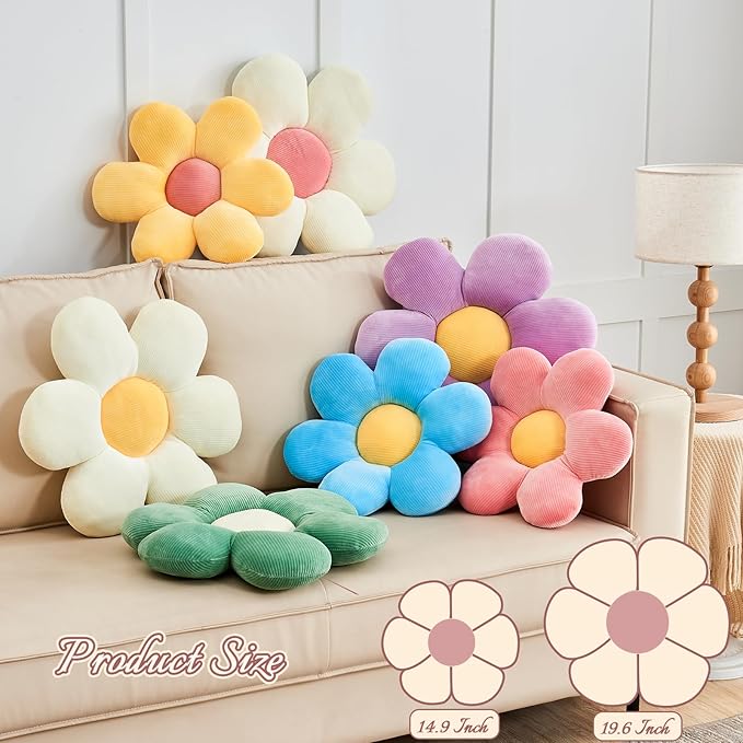 White Yellow Flower Pillow, 19.6" Cute Flower Shaped Floor Pillow, Aesthetic Floral Plush Daisy Decorative Throw Pillows for Bed Sofa Couch