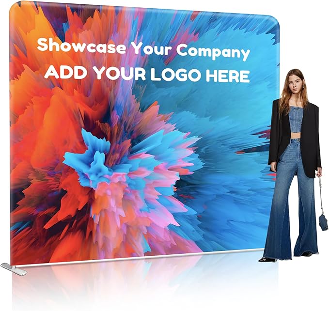 Custom Stand Backdrop with Aluminum Stand, 7.5x7.5ft Commercial Tension Fabric Banner, Double-Sided Printing for Trade Show, Weddings, Party, Business