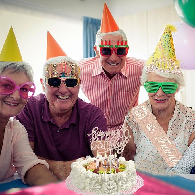 100th Birthday Decorations Women, Including Birthday Crown/Tiara, Sash, Cake Topper and Candles, Gifts for 100 Year Old Woman