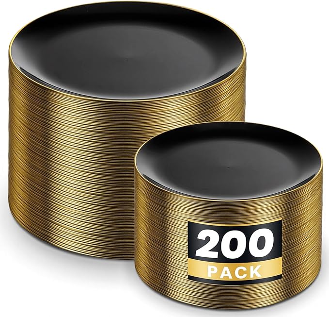KIRE 200Pcs Black Plastic Plates - Black Plates Disposable for Party - Include 100 for Dinner and 100 for Dessert for Birthday/Wedding/Halloween