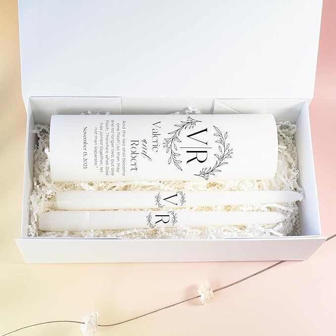 Unity Candles for Wedding, Modern Unity Set, Custom and Personalized Pillar and Taper Candles with Bible Quote, Unscented White Premium Wax, Religious and Wedding Ceremony, Special Events (Black)