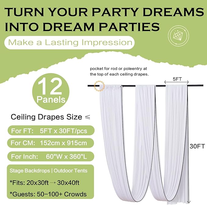 PartyVillage 12 Panels 5ftx30ft White Ceiling Drapes for Wedding Parties – 30 FT Extra Long Thick Polyester Wrinkle-Free Drapery Tent Decor Decorations for Birthday Party Ceremony Stage Swag