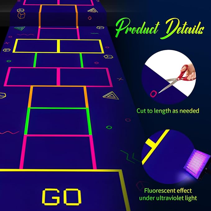 Haull 118 x 39 Inch Neon Light up Dance Floor Glow in The Dark Runner UV Reactive Blacklight Floor Aisle Runner Decor Wall Props for 80s 90s Neon Birthday Party Decorations(Hopscotch)