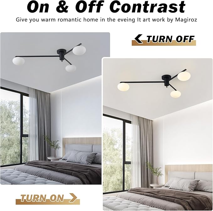 3-Light Modern Sputnik Chandelier with Milk Glass Shade - Black Flush Mount Ceiling Light for Kitchen