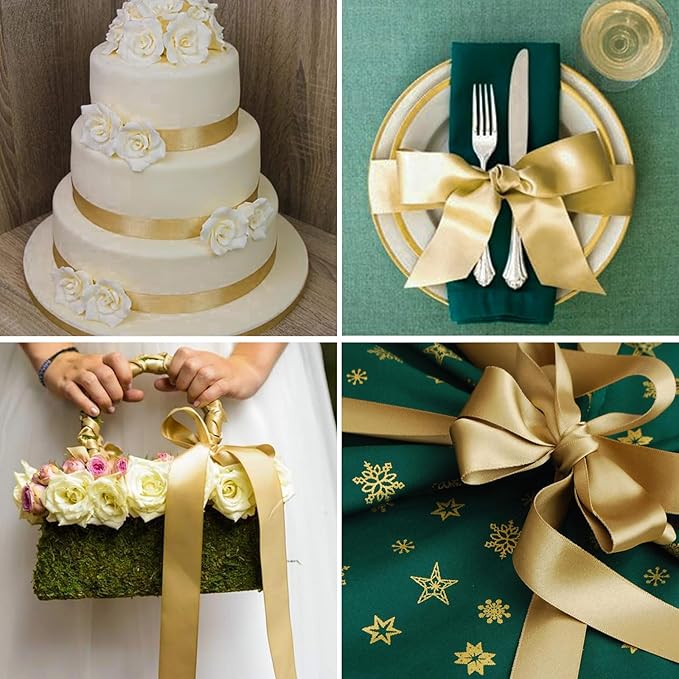 1-1/2 Inch Champaign Gold Satin Ribbon 50 Yards Solid Fabric Ribbons for Gift Wrapping, Crafts, Floral Arrangements, Wedding, Party, Holiday and Home Decor