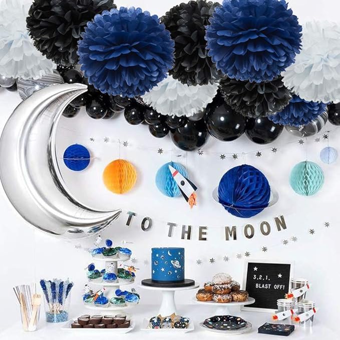 Paper Flower Tissue Pom Poms Graduation and Galaxy Party Favor Flowers (Black,Navy Blue,White,12pc)