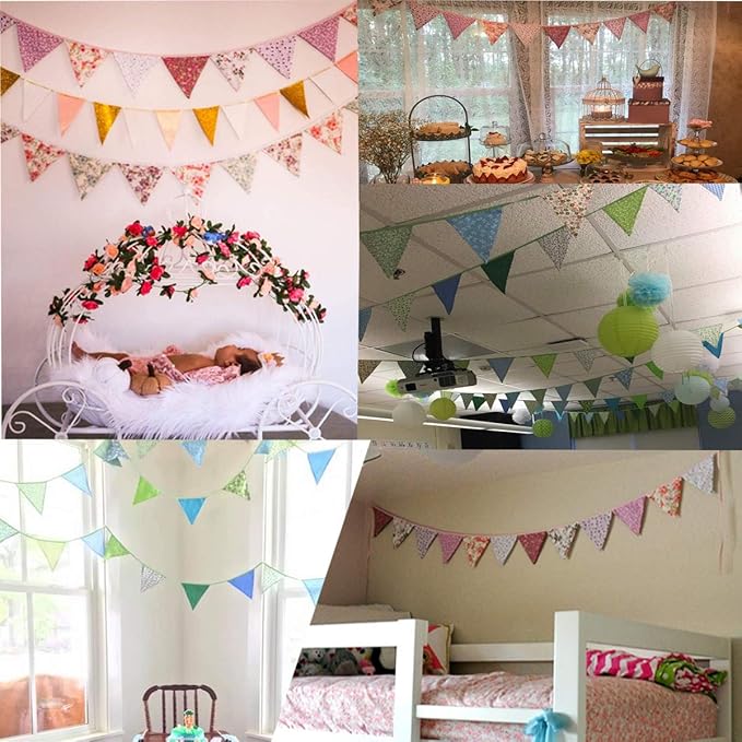 10M/32Ft Triangle Bunting Banner, 36 Pcs Cotton Fabric Flags Pennant Garlands for Birthday Party, Wedding, Baby Shower, Outdoor and Home Decorations (Blue)
