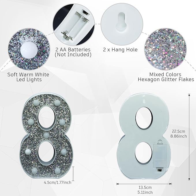 Glitter Light Up Signs, Marquee Light Letters for Table Decorations, Featuring Alphabet & Number Lighted Letters, Number 8 for Prom, Events, or Engagement Party Decor