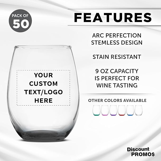 Custom Stemless Wine Glass 9 oz. Set of 50, Personalized Bulk Pack - Great for Wedding Favors, Bachelorette Party Decorations, Party Favors, Color Bottom - Black
