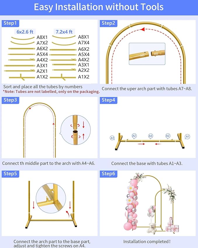 HEMMOTOP Metal Arch Backdrop Stand Set of 2 (7.2ft + 6ft), Wedding Arch Frame, Stable Background Stand with Square Base Ground Nails, for Birthday Party Baby Shower Garland Decoration, Gold