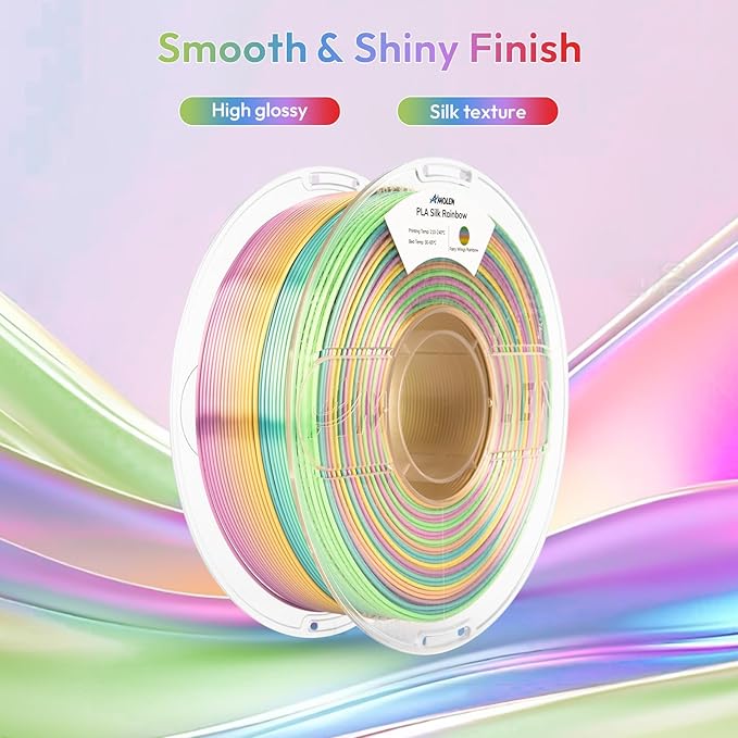 AMOLEN Silk PLA 3D Printer Filament, Shiny Multicolor Rainbow PLA Filament 1.75mm, Gradient Color Change PLA 3D Printing Filament for Most FDM 3D Printer, Yellow Green Blue Pink, 1kg (2.2lbs)