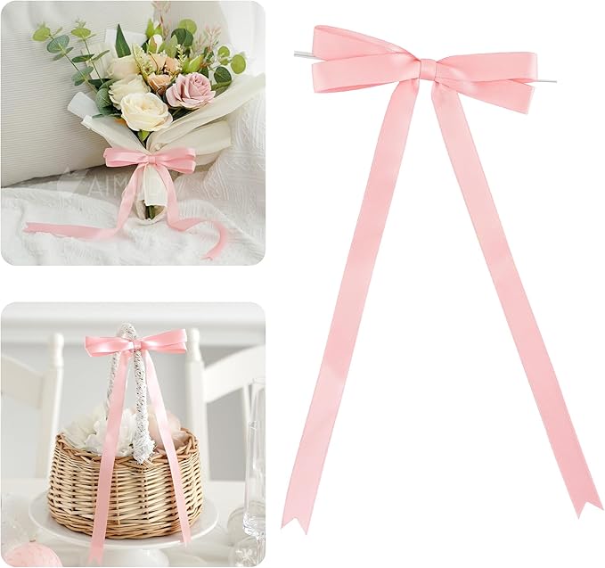AIMUDI Baby Pink Bows 5 × 10" Satin Bows for Gift Wrapping Twist Tie Bows Premade Ribbon Bows for Bouquets Invitations Baskets Crafts Wreaths Wedding Birthday Baby Shower Party Decorations, 36 PCs