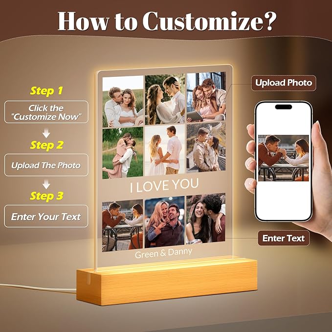 Custom Picture Frames with Photo, Personalized Photo Frame with Night Light, Customized Picture Frame, Personalized Anniversary Birthday Gifts for Women, Men, Him, Her, Girlfriend, Boyfriend, Couple