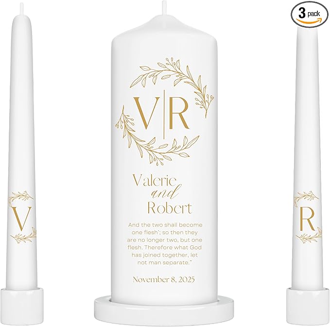 Unity Candles for Wedding, Modern Unity Set, Custom and Personalized Pillar and Taper Candles with Bible Quote, Unscented White Premium Wax, Religious and Wedding Ceremony, Special Events (Goldie)