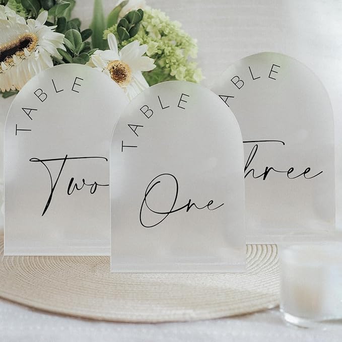 JINMURY Frosted Arch Wedding Table Numbers 1-20 with Stands, 5x7 Inch Frosted Arch Acrylic Sign with Black Letters, Arched Acrylic Table Numbers for Wedding Reception