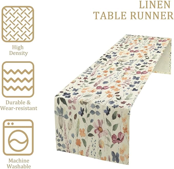 Watercolor Floral Table Runner, Vintage Colorful Floral Natural Style Pattern Decorative Home Restaurant Kitchen Rectangle Table Runner,13in（33cm） W * 60in（152cm） L