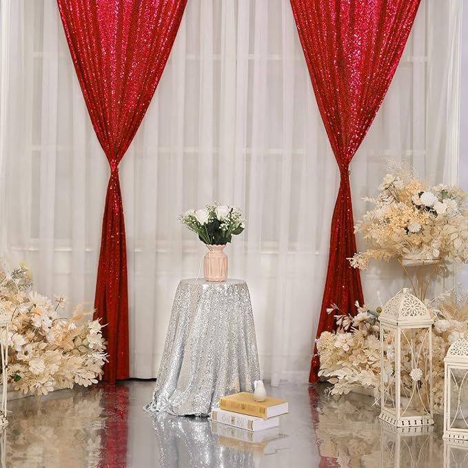 Poise3EHome 2Pcs 3Ft x 8Ft Red Sequin Backdrop Curtain for Birthday Party Baby Shower Wedding Christmas Thanksgiving Holiday Festival Decor