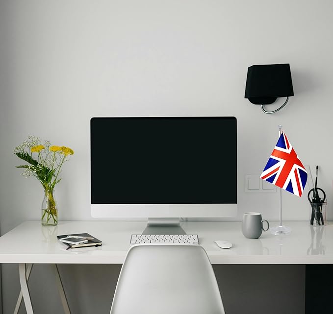 UK Britain Desk Flag, British Table Office Flag with Metal Pole and Stand Base, International Country Flags, Festival Event Celebration, Classroom Meeting Desktop Decor (UK)