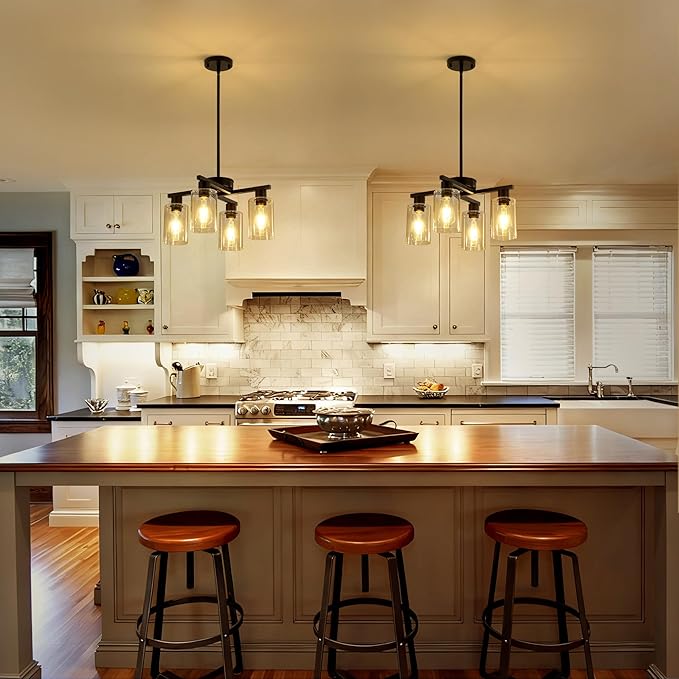 4-Light Modern Farmhouse Black Chandelier, Dining Room Light Fixture Over Table Adjustable Height Hanging Industrial Pendant Lights Kitchen Island, Clear Glass Shade
