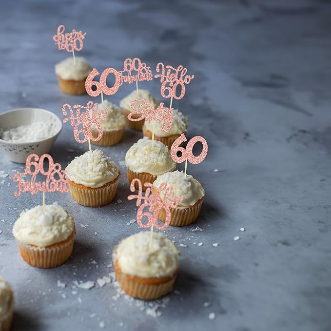 30Pcs 6th Birthday Cupcake Toppers Glitter Six Hello 6 Cupcake Picks Cheers to 6 Years Old Cake Decorations for 6th Birthday Party Supplies Rose Gold
