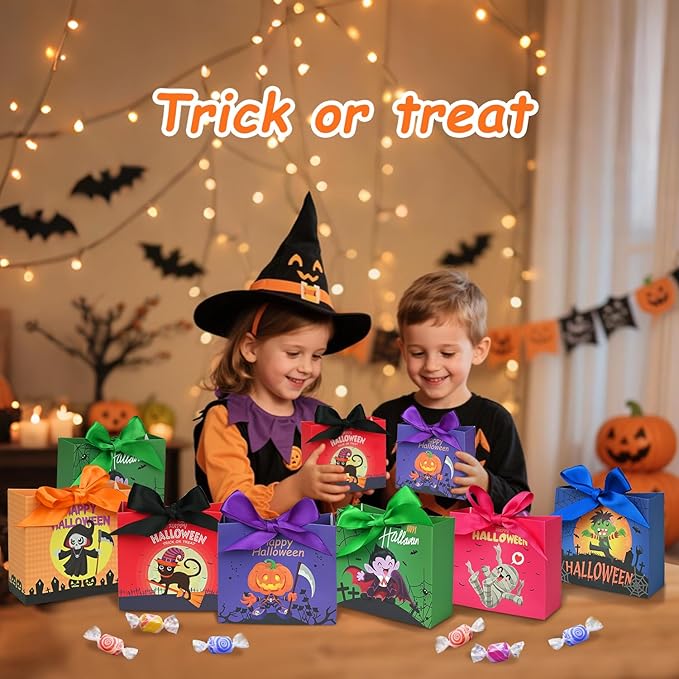 24PCS Halloween Goodies Bags, Trick or Treat Candy Gift Paper Bags Bulk with Ribbons, Halloween Treat Boxes for Kid, Party Favor, Classroom Exchange, Home Decoration 4.5 x 3.9 x 1.7 Inches