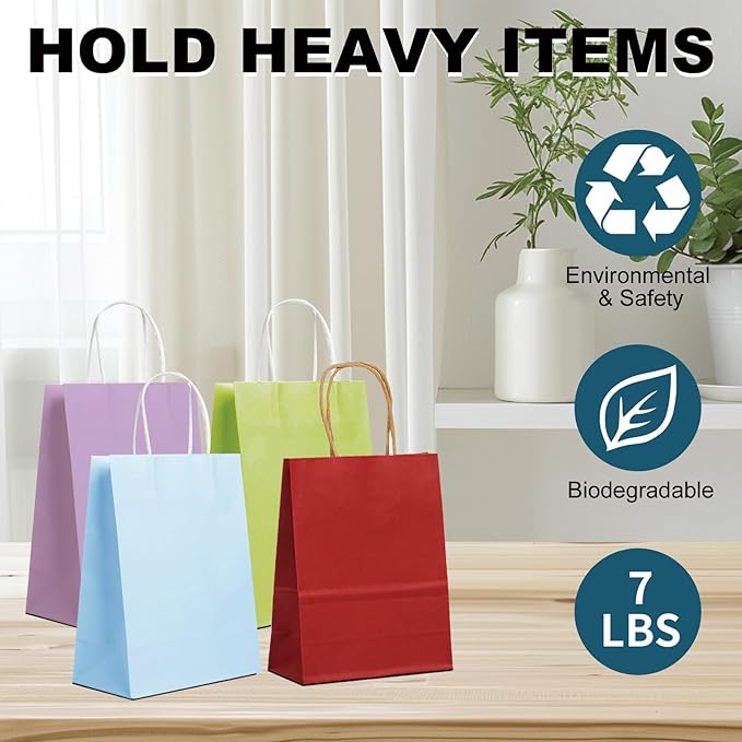 BAG BOX 100 Pack Small 5.9x3.1x8.25Inch Blue Kraft Paper Gift Bags with Handles for Bulk Shopping, Retail, Craft, Party Favors, Wedding, Grocery & Sacks
