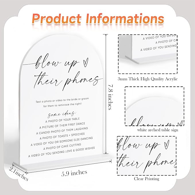 Blow Up Their Phones Sign, White Arch Acrylic Wedding Sign, I Spy Wedding Game, Bridal Shower Decor, Engagement Party Decor, Centerpiece Table Decorations Party for Bride and Groom-22