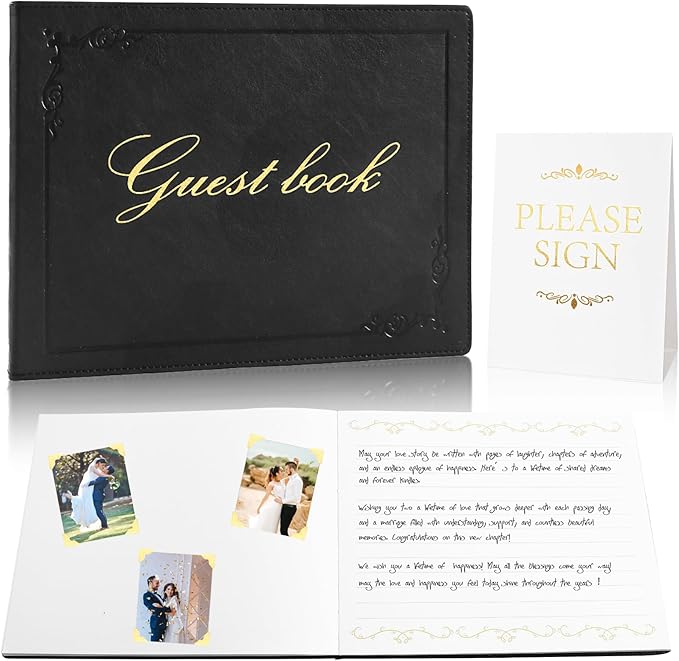 8x10 Leather Guest Book and Standup Sign Set, Gold Foiled Cover Registry Book for Wedding Reception, Retirement Party, Vacation Homes and Events, 120 Pages (Black)