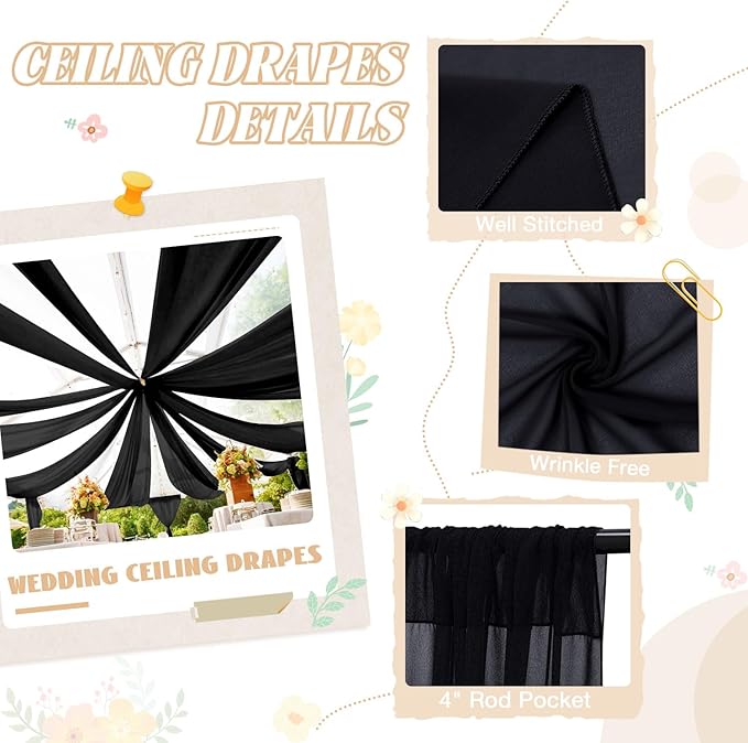 FUHSY Ceiling Drapes Black Wedding Arch Draping Sheer Backdrop Curtains for Parties 4 Panels 5x20 FT Chiffon Fabric for Drapey Tulle Curtains Tent Ceiling Fabric Draping Fabrics Decorations