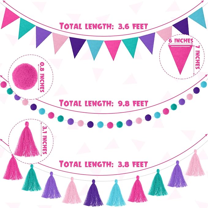 Irenare 9.8 ft Pom Pom Garland Felt Colorful Tassel Banner Christmas Party Pompoms Garland Decorations Felt Pennant Banner for Classroom Home Mantel Fireplace Birthday(Mermaid Colors)