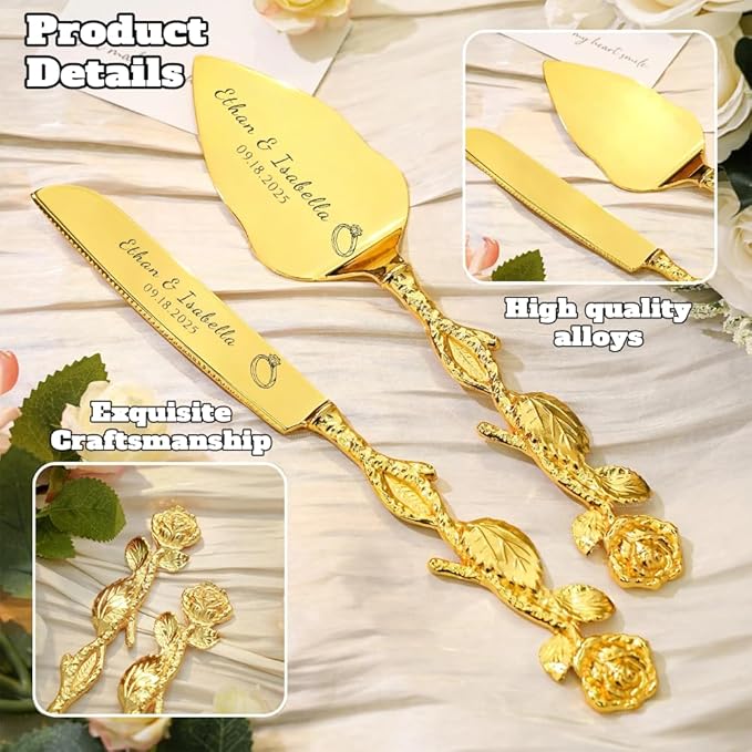 Engraved Personalized Gold Wedding Cake Knife and Server Set - Custom Bridal Cake Serving Gift for Anniversary, Engagement, Birthday Gift