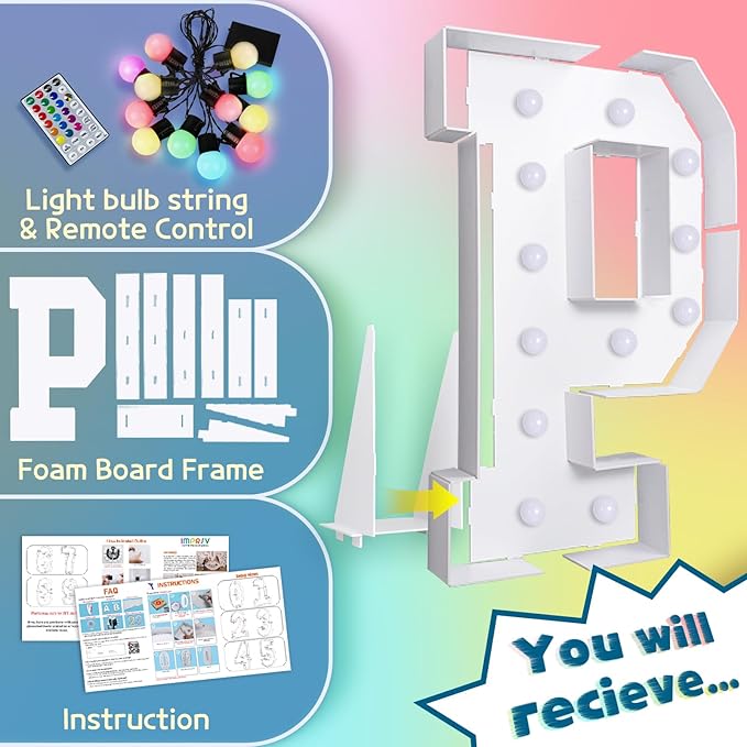 imprsv 4FT Colorful Marquee Light Up Letters P, 18 Colors Light Up Letters Alphabet Sign with Remote, Giant Letters for Events, Large Sign for Birthday Engagement Anniversary Wedding Party Decor