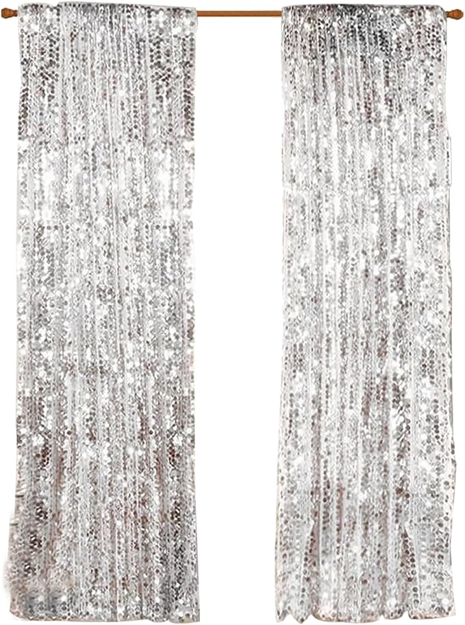9FTx9FT Silver Big Sequin Backdrop Curtains Panels Drapes Home Party Supplies Sequin Background for Parties Shimmer Wall Backdrop Cloth and Thanksgiving Christmas